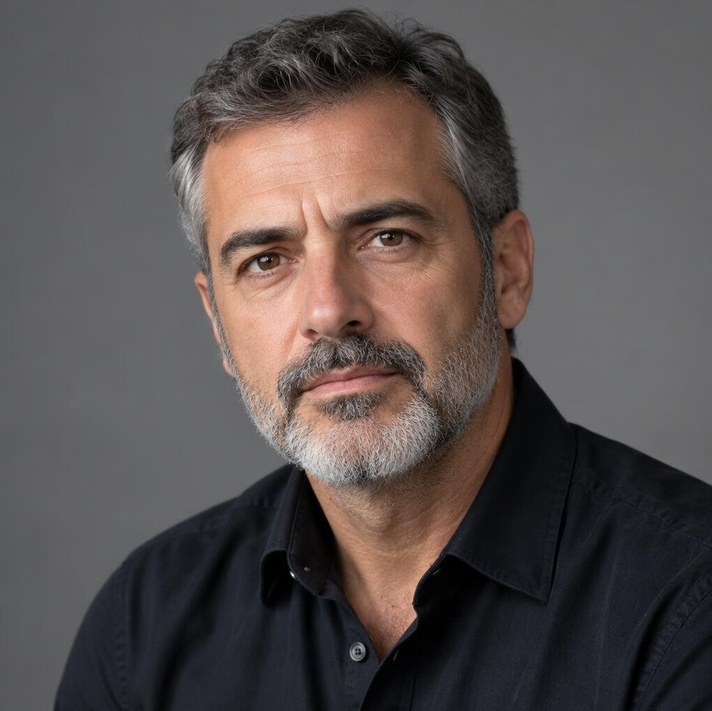 Portrait of a middle-aged Portuguese man investigative journalist with a beard