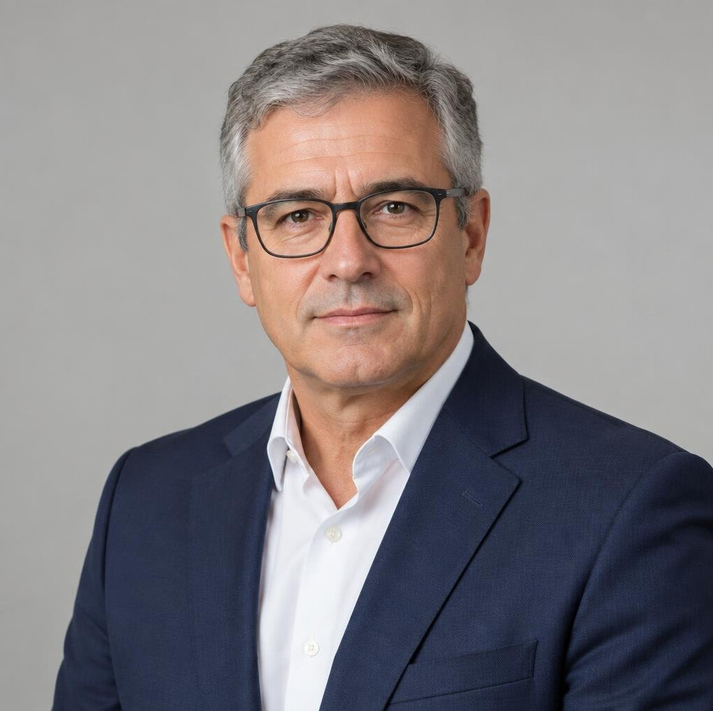 Portrait of a Portuguese man editor with glasses and a suit jacket