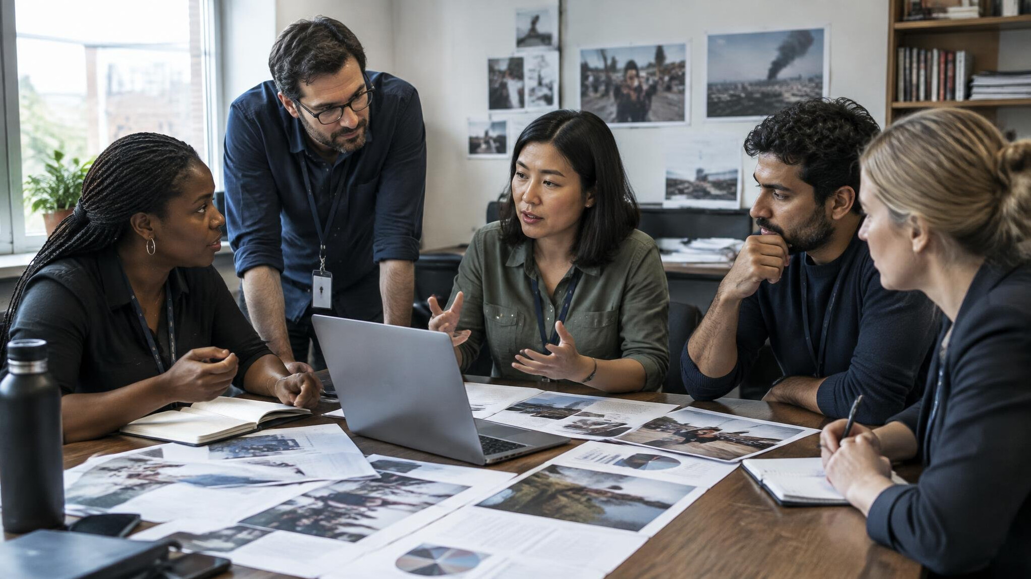Diverse team of journalists discussing documents around a table