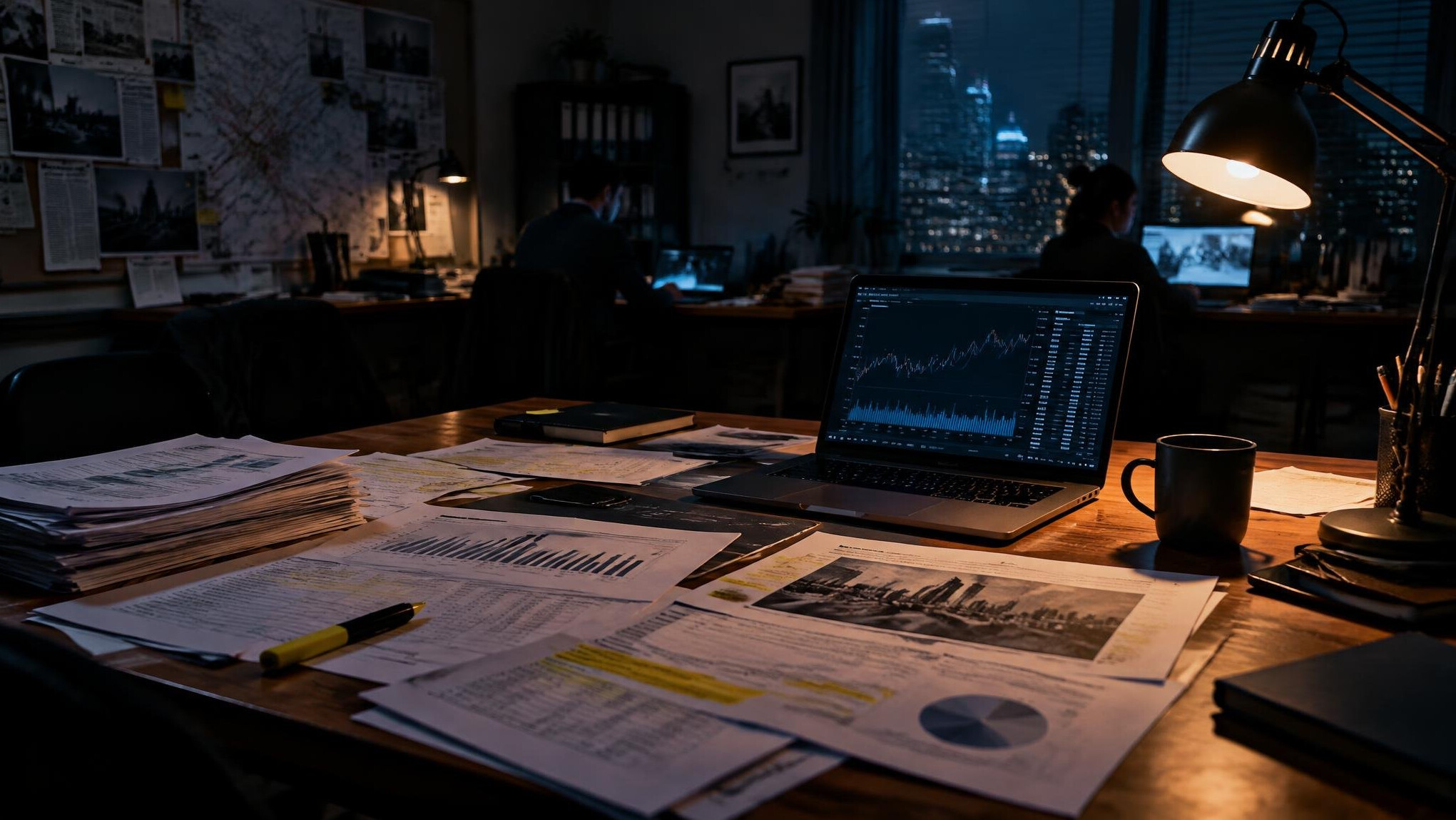 Investigative journalists reviewing financial documents in a dim newsroom