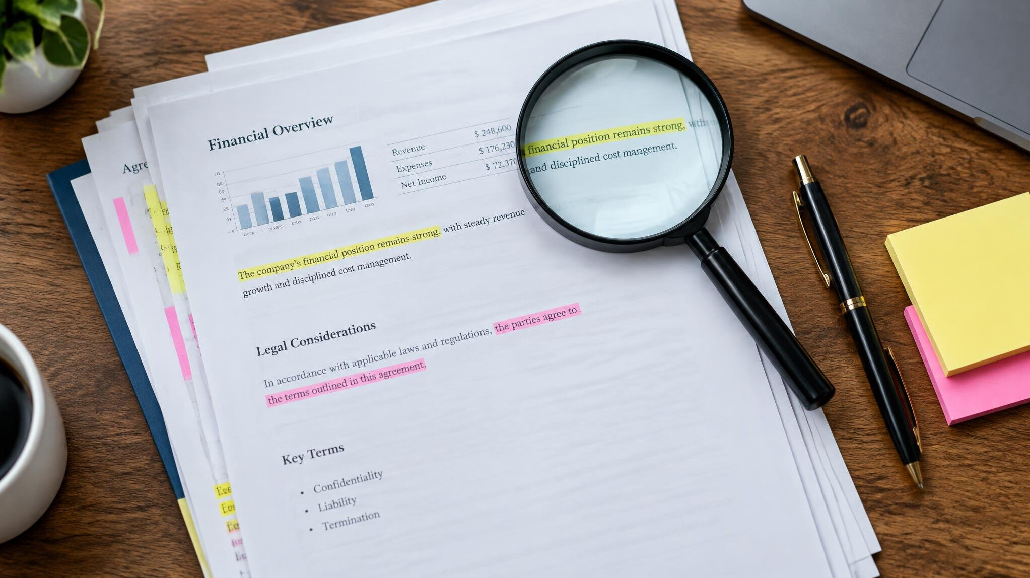 Stack of printed financial reports with highlighter marks and a magnifying glass