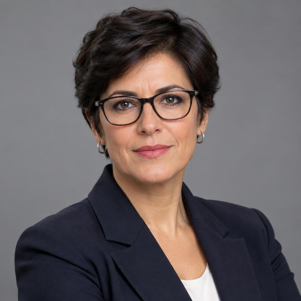 Portrait of a middle-aged Portuguese woman journalist with short dark hair